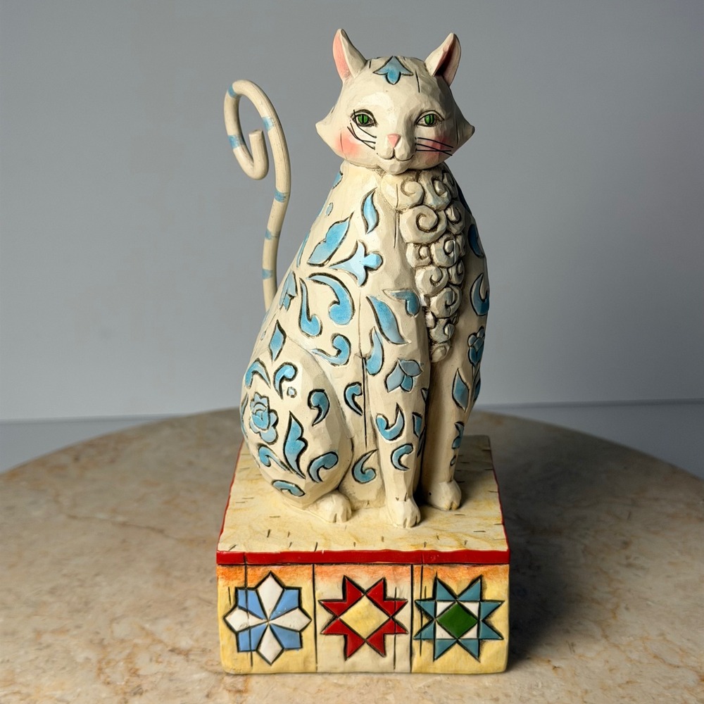 Jim Shore Heartwood Creek Evangaline Cat Figurine 2005 Cream Blue Floral 4004864